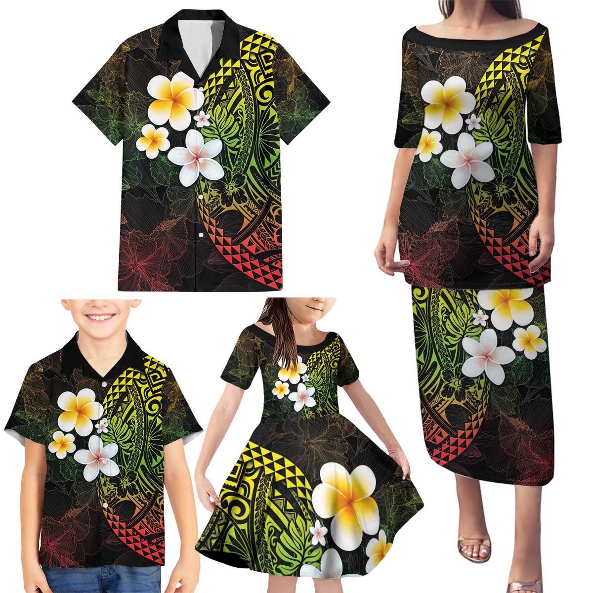 Hawaiian Hibiscus and Plumeria Polynesian Tribal Tattoo Family Matching Puletasi and Hawaiian Shirt Reggae Color