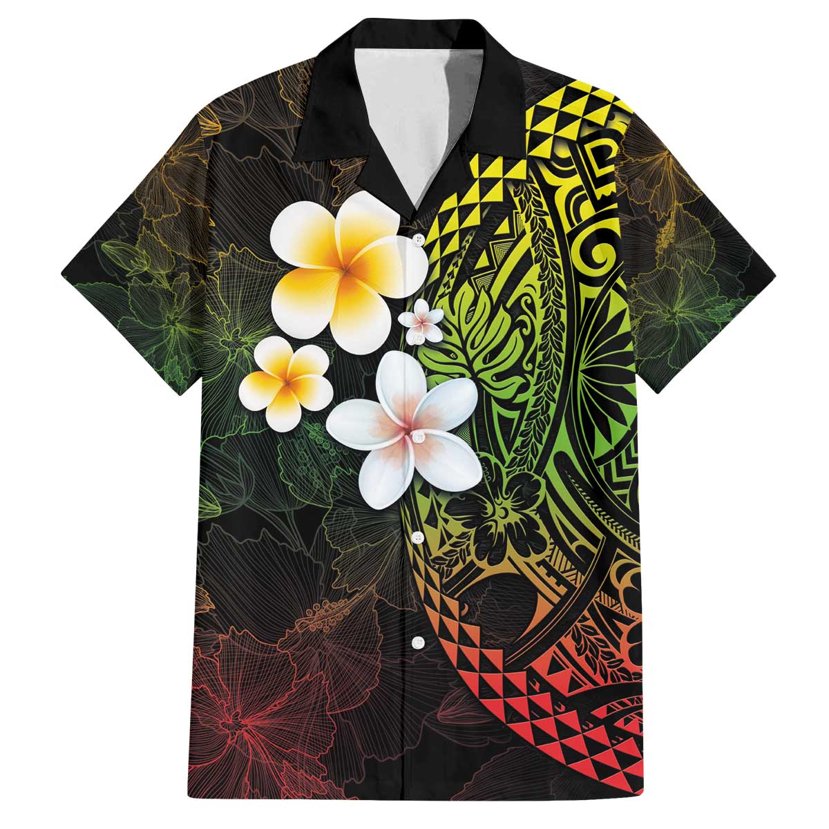 Hawaiian Hibiscus and Plumeria Polynesian Tribal Tattoo Family Matching Puletasi and Hawaiian Shirt Reggae Color