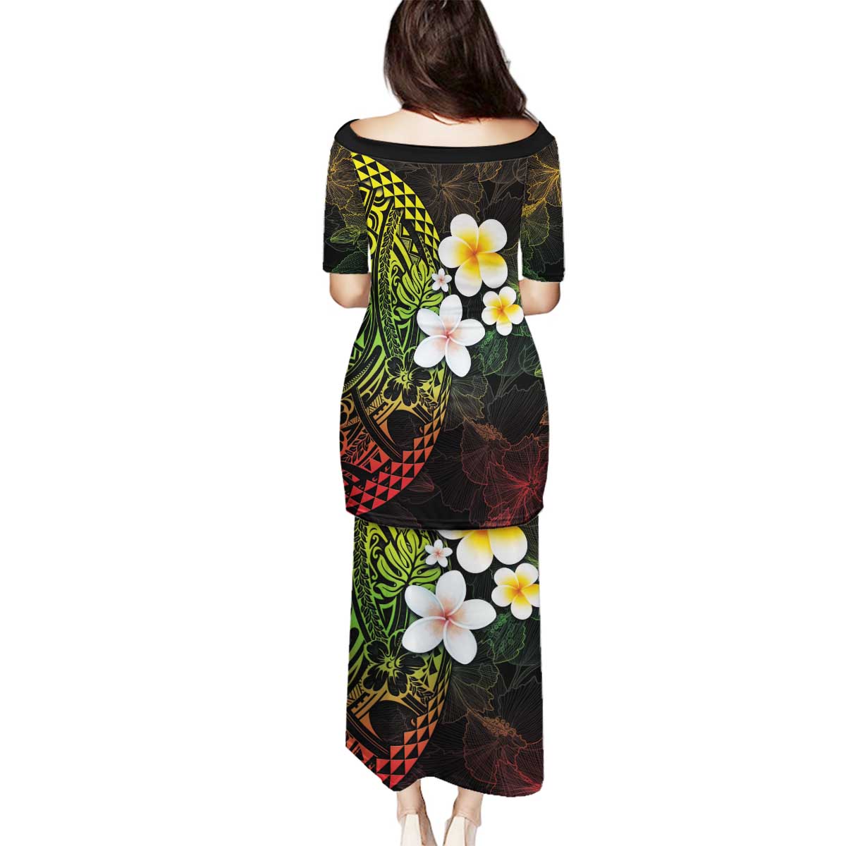 Hawaiian Hibiscus and Plumeria Polynesian Tribal Tattoo Family Matching Puletasi and Hawaiian Shirt Reggae Color