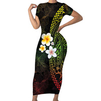 Hawaiian Hibiscus and Plumeria Polynesian Tribal Tattoo Family Matching Short Sleeve Bodycon Dress and Hawaiian Shirt Reggae Color