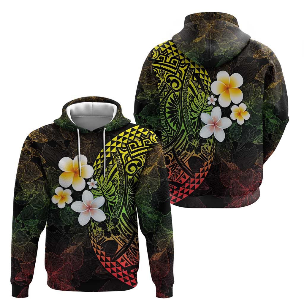 Hawaiian Hibiscus and Plumeria Polynesian Tribal Tattoo Hoodie Reggae Color