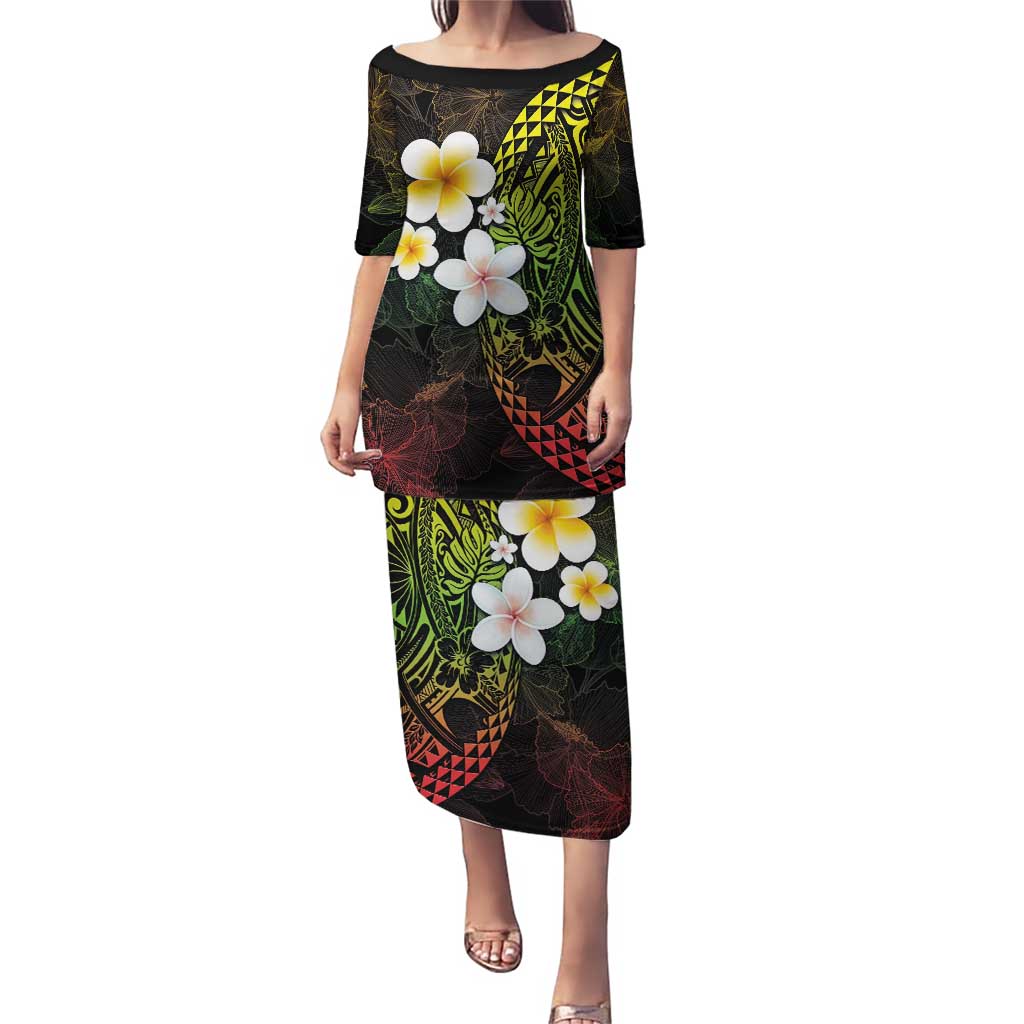 Hawaiian Hibiscus and Plumeria Polynesian Tribal Tattoo Puletasi Reggae Color