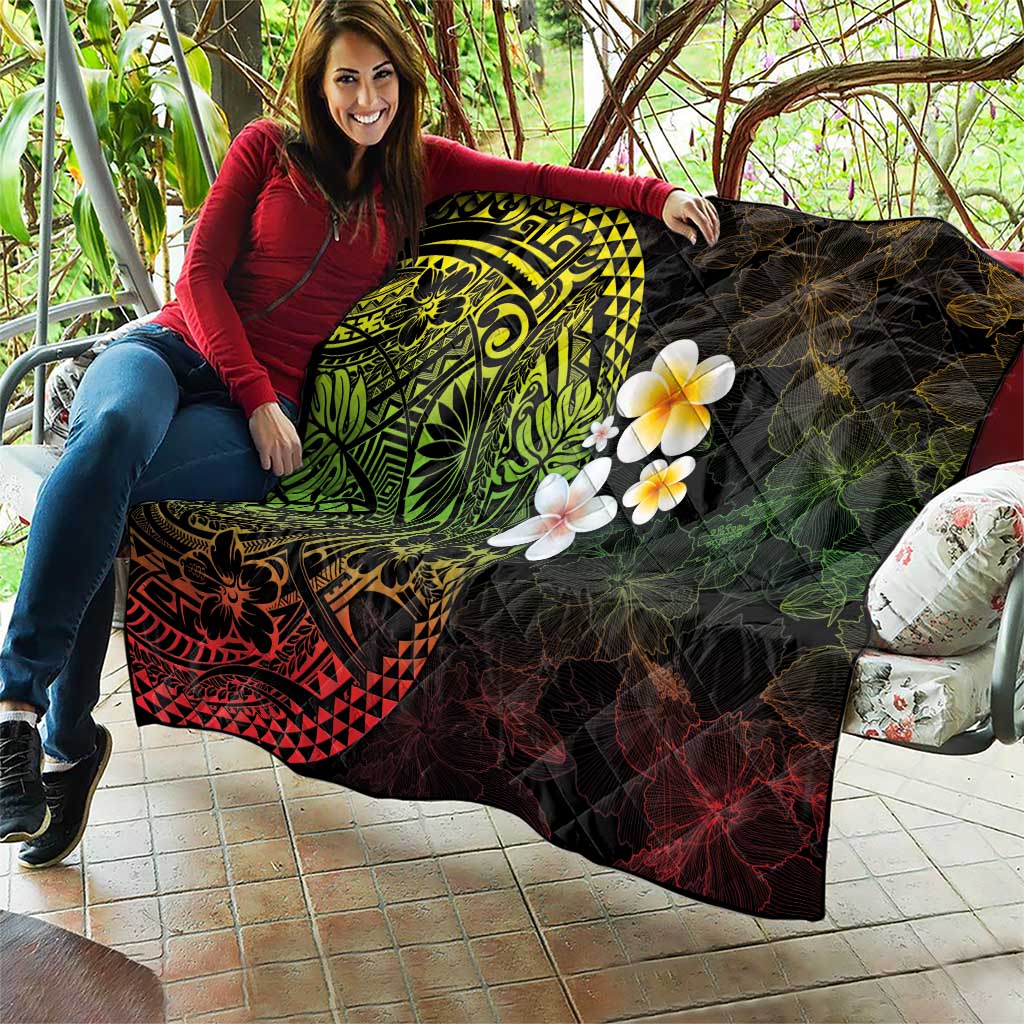 Hawaiian Hibiscus and Plumeria Polynesian Tribal Tattoo Quilt Reggae Color