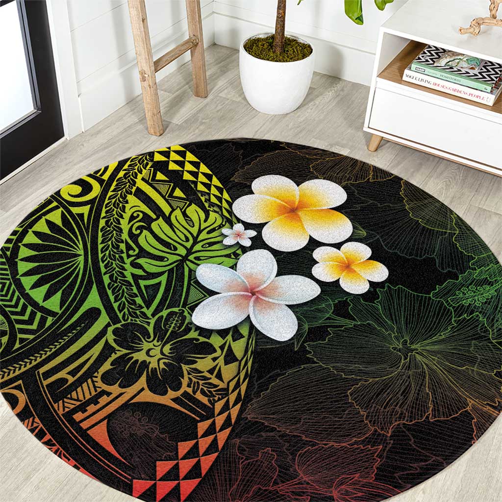 Hawaiian Hibiscus and Plumeria Polynesian Tribal Tattoo Round Carpet Reggae Color LT03 Reggae - Polynesian Pride