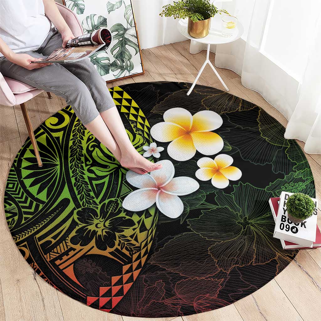 Hawaiian Hibiscus and Plumeria Polynesian Tribal Tattoo Round Carpet Reggae Color LT03 - Polynesian Pride
