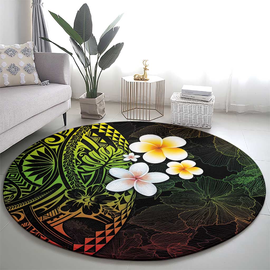 Hawaiian Hibiscus and Plumeria Polynesian Tribal Tattoo Round Carpet Reggae Color LT03 - Polynesian Pride
