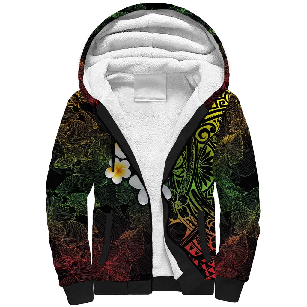 Hawaiian Hibiscus and Plumeria Polynesian Tribal Tattoo Sherpa Hoodie Reggae Color