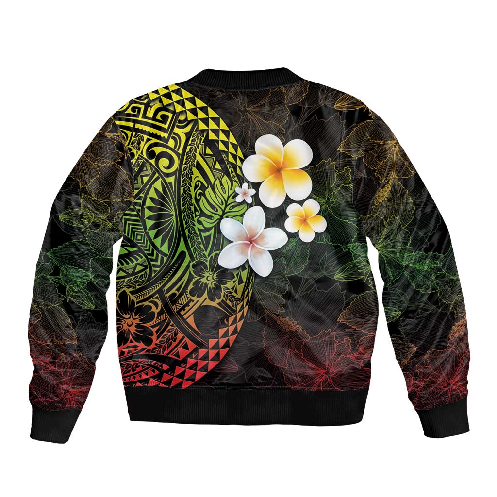 Hawaiian Hibiscus and Plumeria Polynesian Tribal Tattoo Sleeve Zip Bomber Jacket Reggae Color