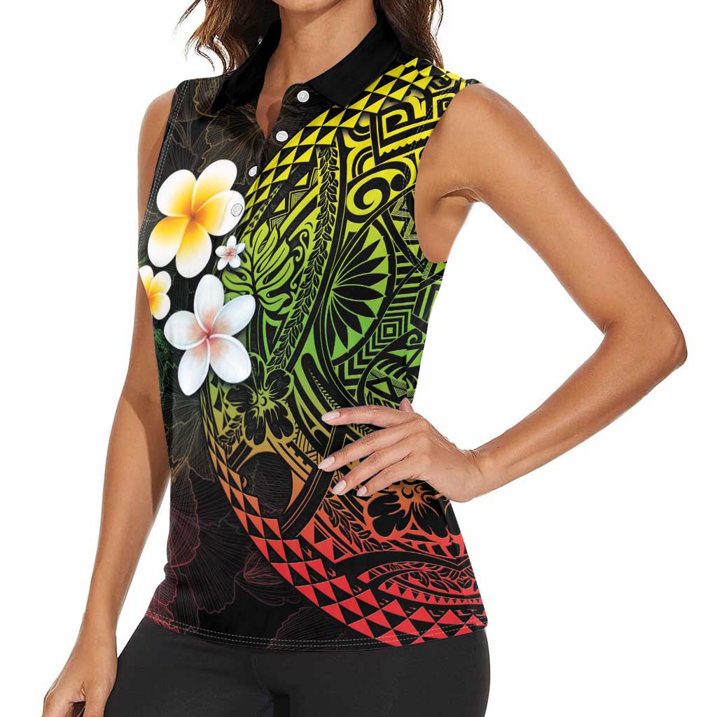 Hawaiian Hibiscus and Plumeria Polynesian Tribal Tattoo Women Sleeveless Polo Shirt Reggae Color