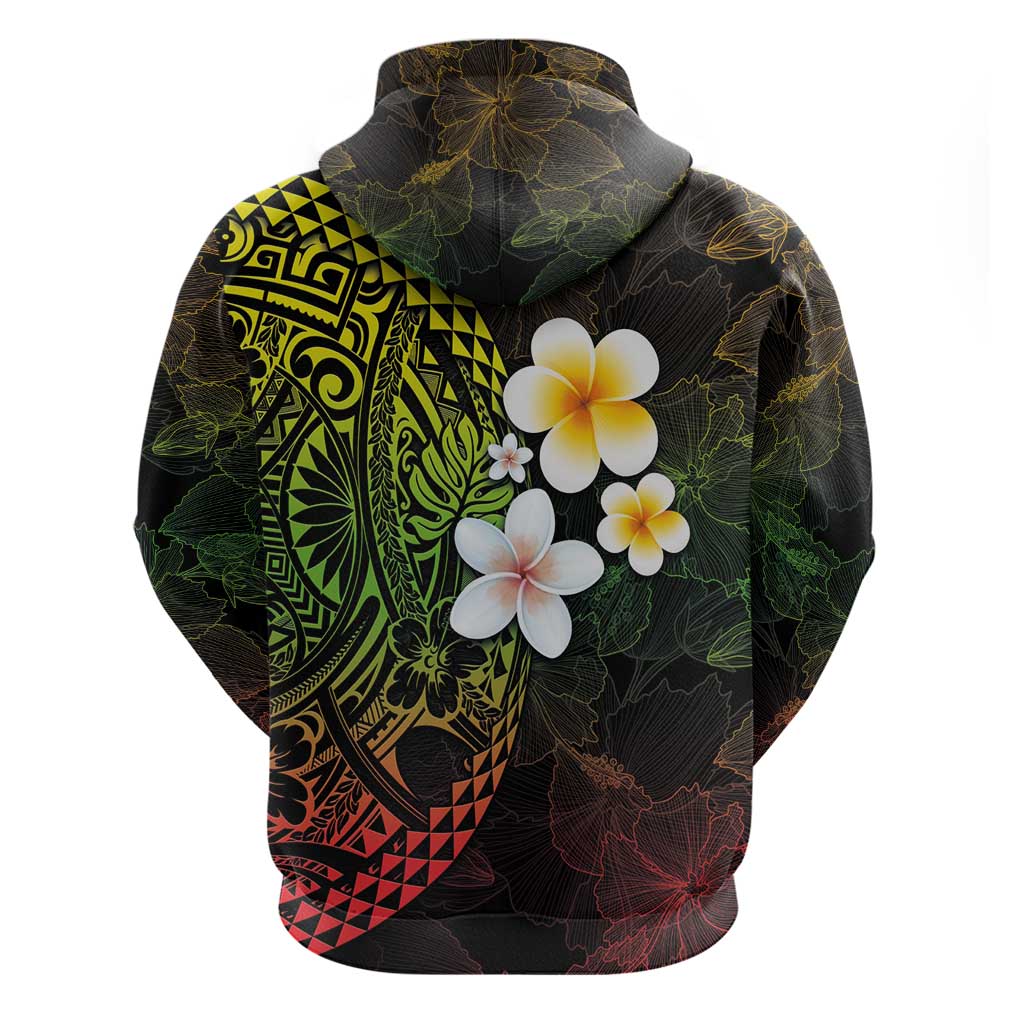 Hawaiian Hibiscus and Plumeria Polynesian Tribal Tattoo Zip Hoodie Reggae Color