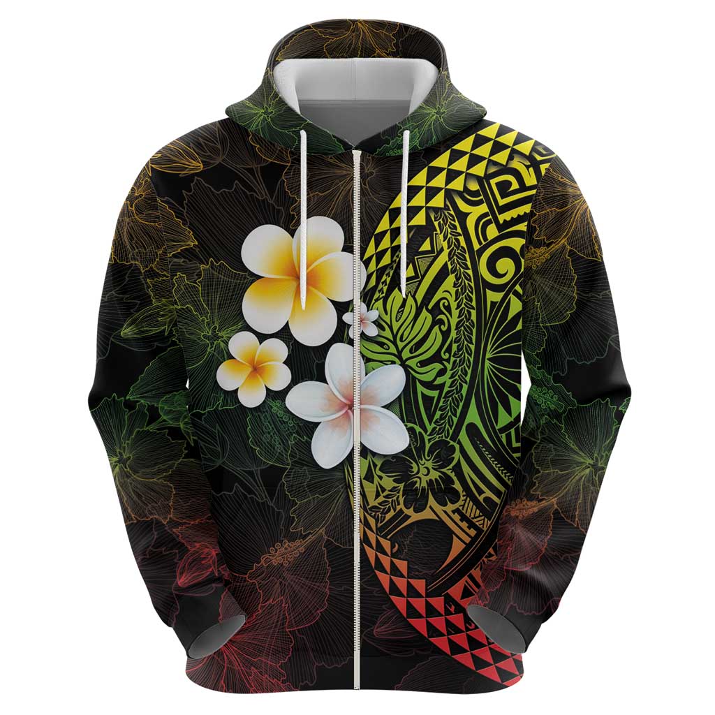 Hawaiian Hibiscus and Plumeria Polynesian Tribal Tattoo Zip Hoodie Reggae Color