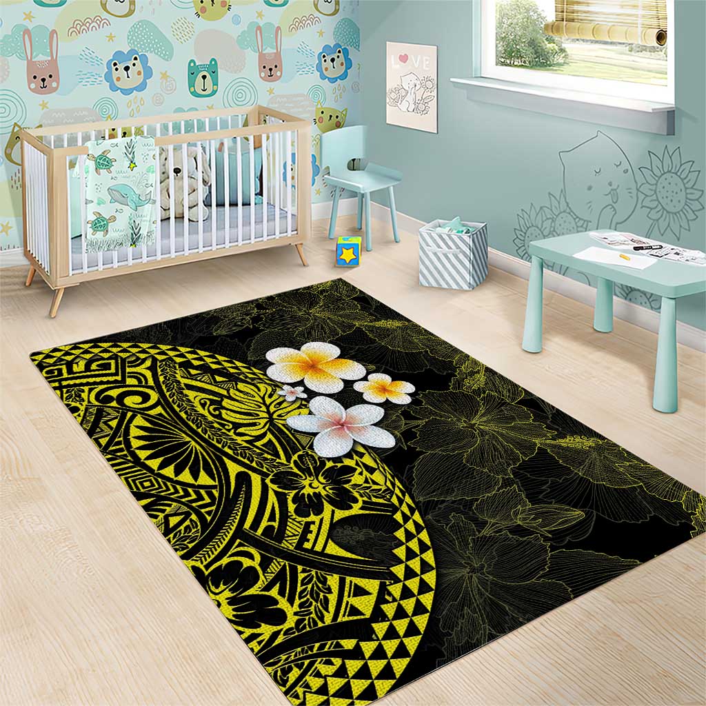 Hawaiian Hibiscus and Plumeria Polynesian Tribal Tattoo Area Rug Yellow Color