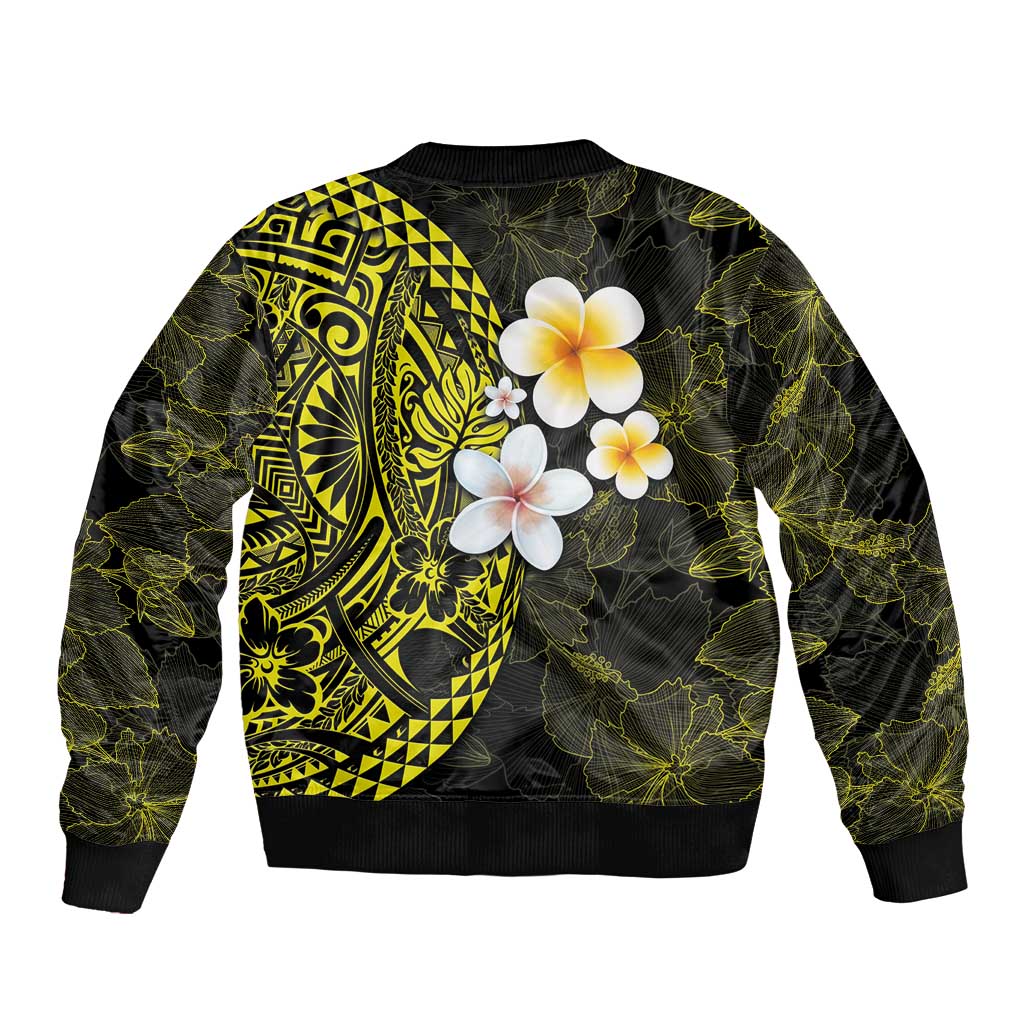 Hawaiian Hibiscus and Plumeria Polynesian Tribal Tattoo Bomber Jacket Yellow Color