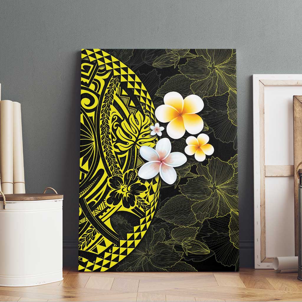 Hawaiian Hibiscus and Plumeria Polynesian Tribal Tattoo Canvas Wall Art Yellow Color