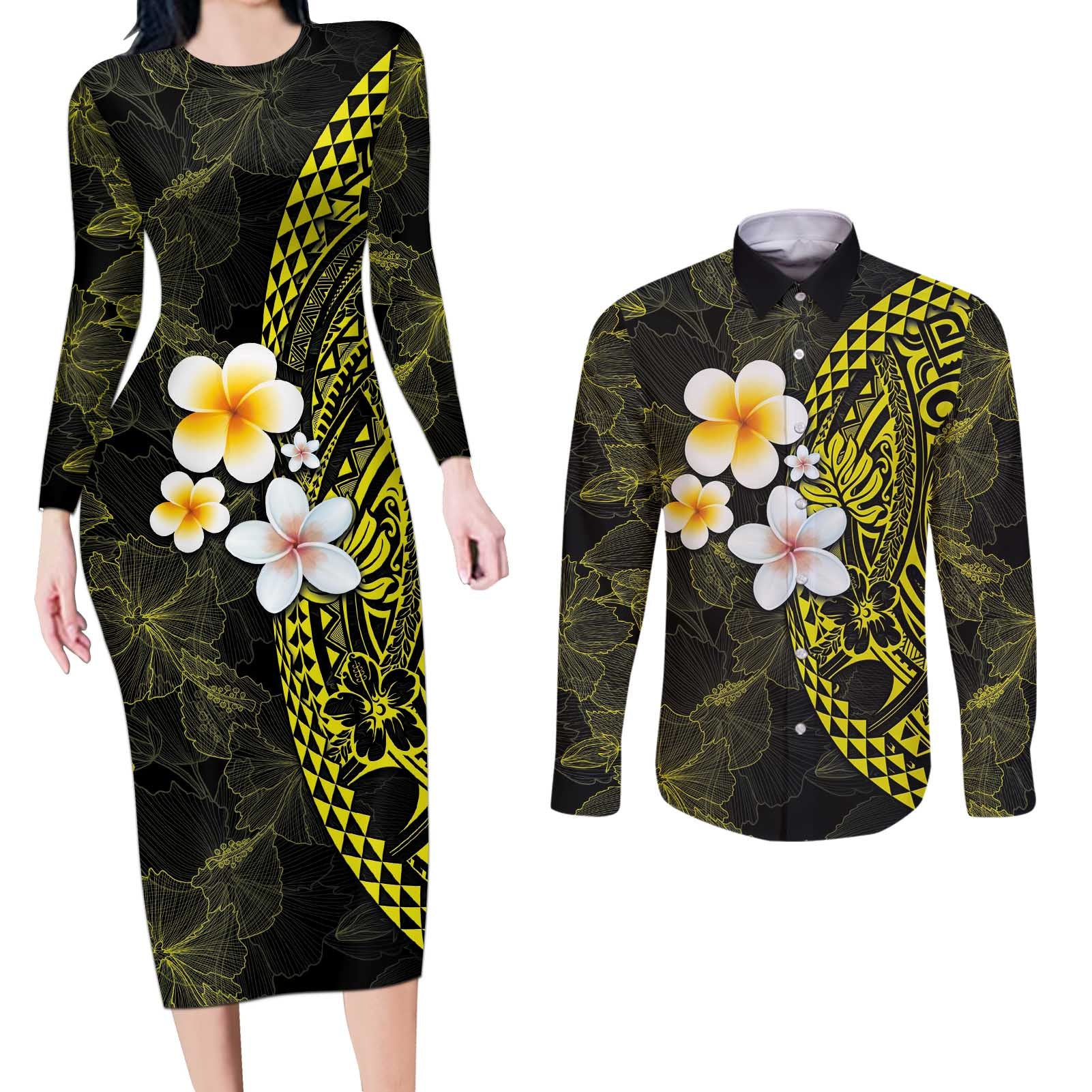 Hawaiian Hibiscus and Plumeria Polynesian Tribal Tattoo Couples Matching Long Sleeve Bodycon Dress and Long Sleeve Button Shirt Yellow Color
