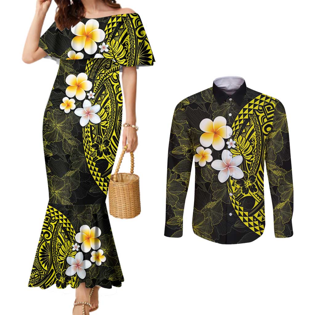Hawaiian Hibiscus and Plumeria Polynesian Tribal Tattoo Couples Matching Mermaid Dress and Long Sleeve Button Shirt Yellow Color