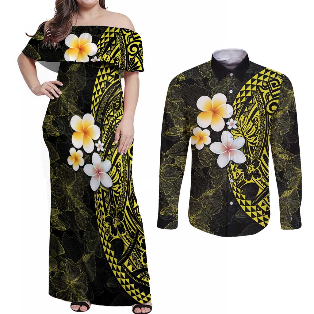 Hawaiian Hibiscus and Plumeria Polynesian Tribal Tattoo Couples Matching Off Shoulder Maxi Dress and Long Sleeve Button Shirt Yellow Color