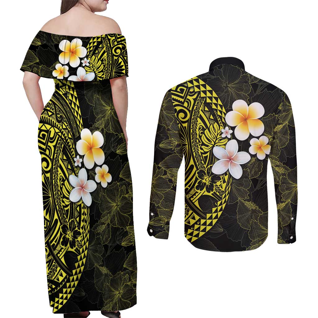 Hawaiian Hibiscus and Plumeria Polynesian Tribal Tattoo Couples Matching Off Shoulder Maxi Dress and Long Sleeve Button Shirt Yellow Color