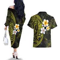 Hawaiian Hibiscus and Plumeria Polynesian Tribal Tattoo Couples Matching Off The Shoulder Long Sleeve Dress and Hawaiian Shirt Yellow Color