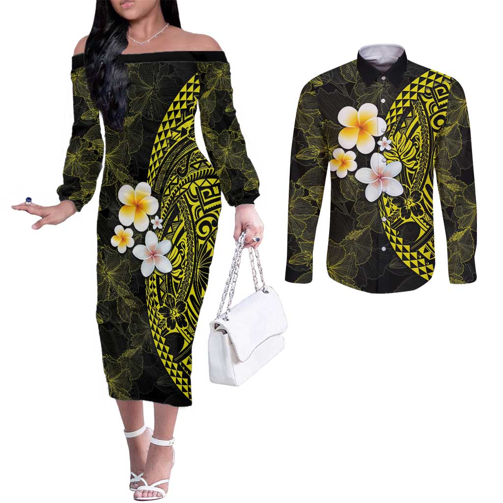 Hawaiian Hibiscus and Plumeria Polynesian Tribal Tattoo Couples Matching Off The Shoulder Long Sleeve Dress and Long Sleeve Button Shirt Yellow Color
