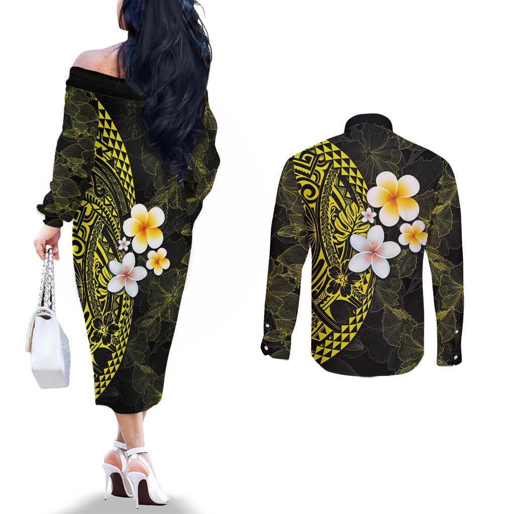 Hawaiian Hibiscus and Plumeria Polynesian Tribal Tattoo Couples Matching Off The Shoulder Long Sleeve Dress and Long Sleeve Button Shirt Yellow Color