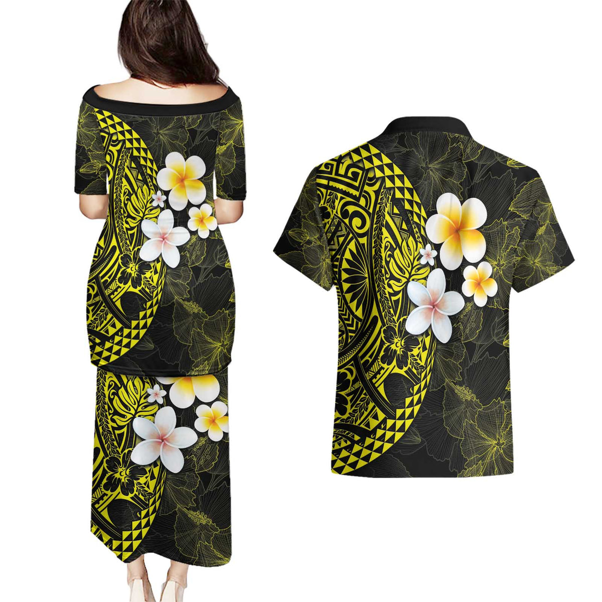 Hawaiian Hibiscus and Plumeria Polynesian Tribal Tattoo Couples Matching Puletasi and Hawaiian Shirt Yellow Color