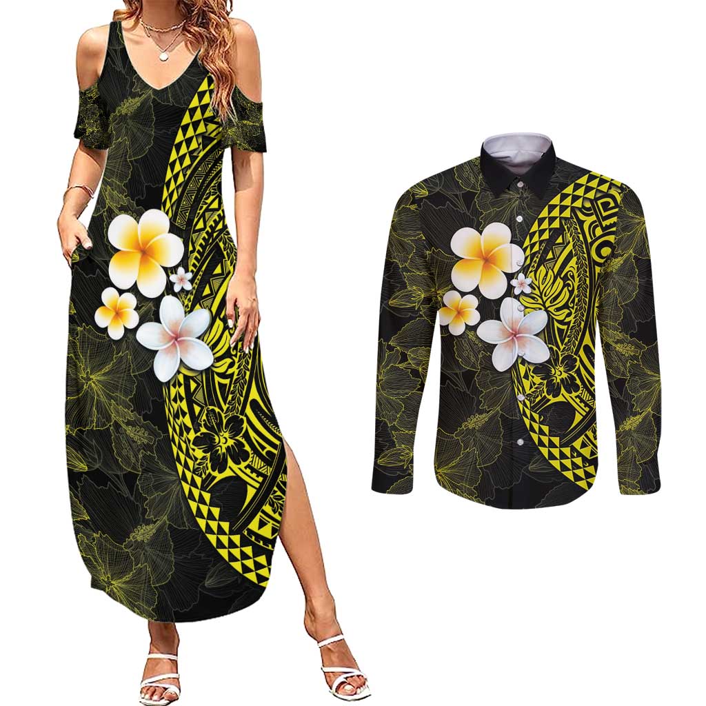 Hawaiian Hibiscus and Plumeria Polynesian Tribal Tattoo Couples Matching Summer Maxi Dress and Long Sleeve Button Shirt Yellow Color