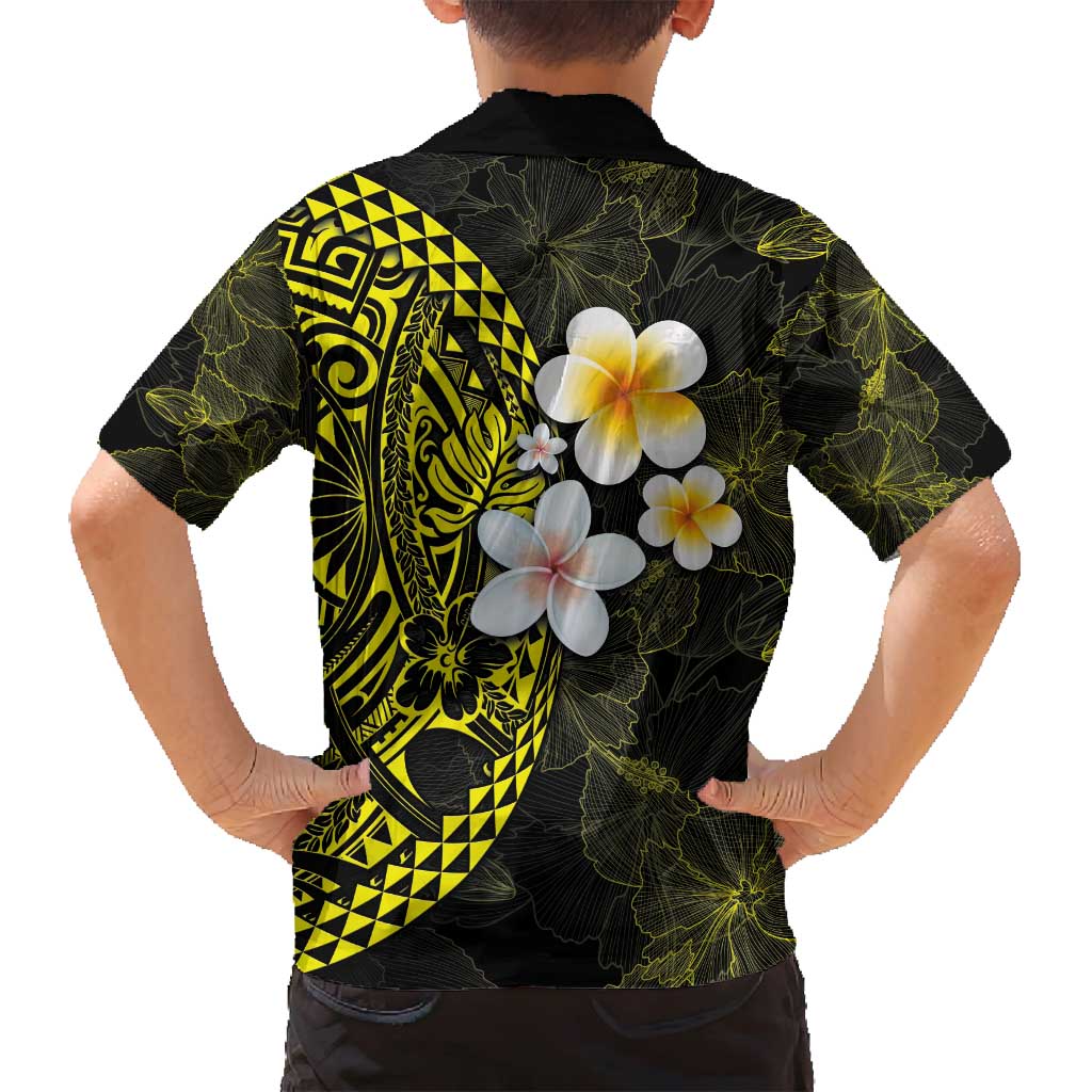 Hawaiian Hibiscus and Plumeria Polynesian Tribal Tattoo Family Matching Long Sleeve Bodycon Dress and Hawaiian Shirt Yellow Color