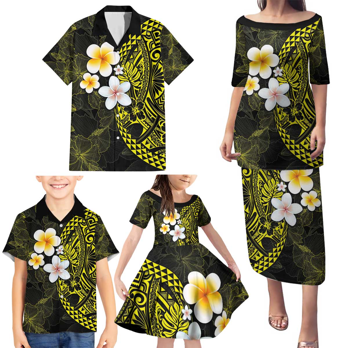 Hawaiian Hibiscus and Plumeria Polynesian Tribal Tattoo Family Matching Puletasi and Hawaiian Shirt Yellow Color