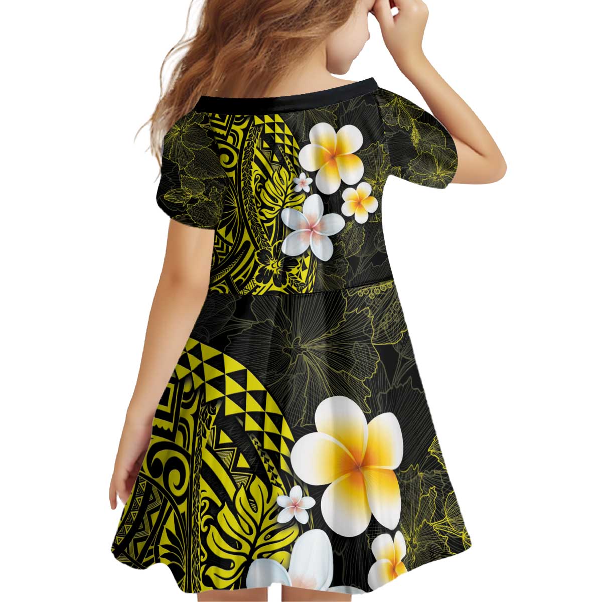 Hawaiian Hibiscus and Plumeria Polynesian Tribal Tattoo Kid Short Sleeve Dress Yellow Color