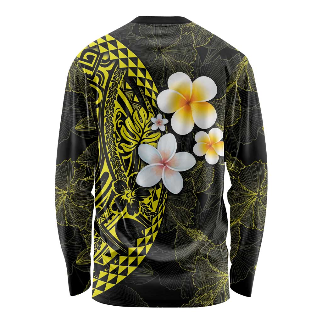 Hawaiian Hibiscus and Plumeria Polynesian Tribal Tattoo Long Sleeve Shirt Yellow Color