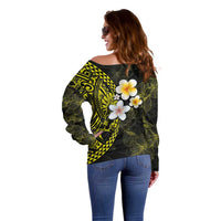 Hawaiian Hibiscus and Plumeria Polynesian Tribal Tattoo Off Shoulder Sweater Yellow Color