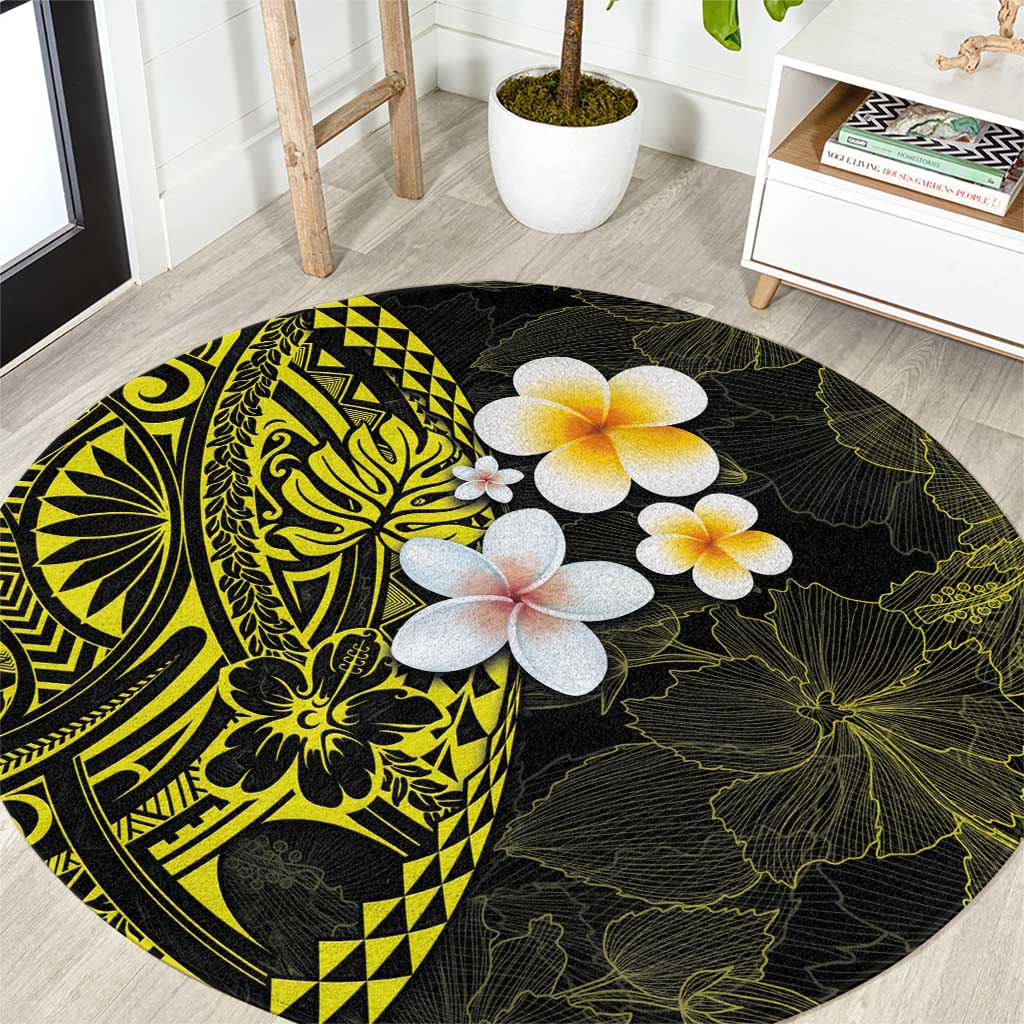 Hawaiian Hibiscus and Plumeria Polynesian Tribal Tattoo Round Carpet Yellow Color LT03 Yellow - Polynesian Pride