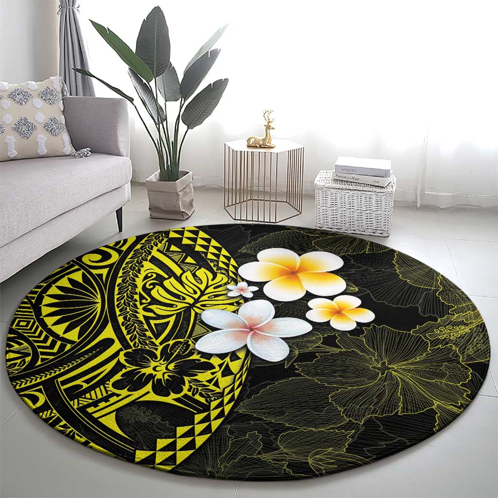 Hawaiian Hibiscus and Plumeria Polynesian Tribal Tattoo Round Carpet Yellow Color LT03 - Polynesian Pride