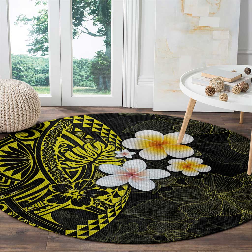 Hawaiian Hibiscus and Plumeria Polynesian Tribal Tattoo Round Carpet Yellow Color LT03 - Polynesian Pride