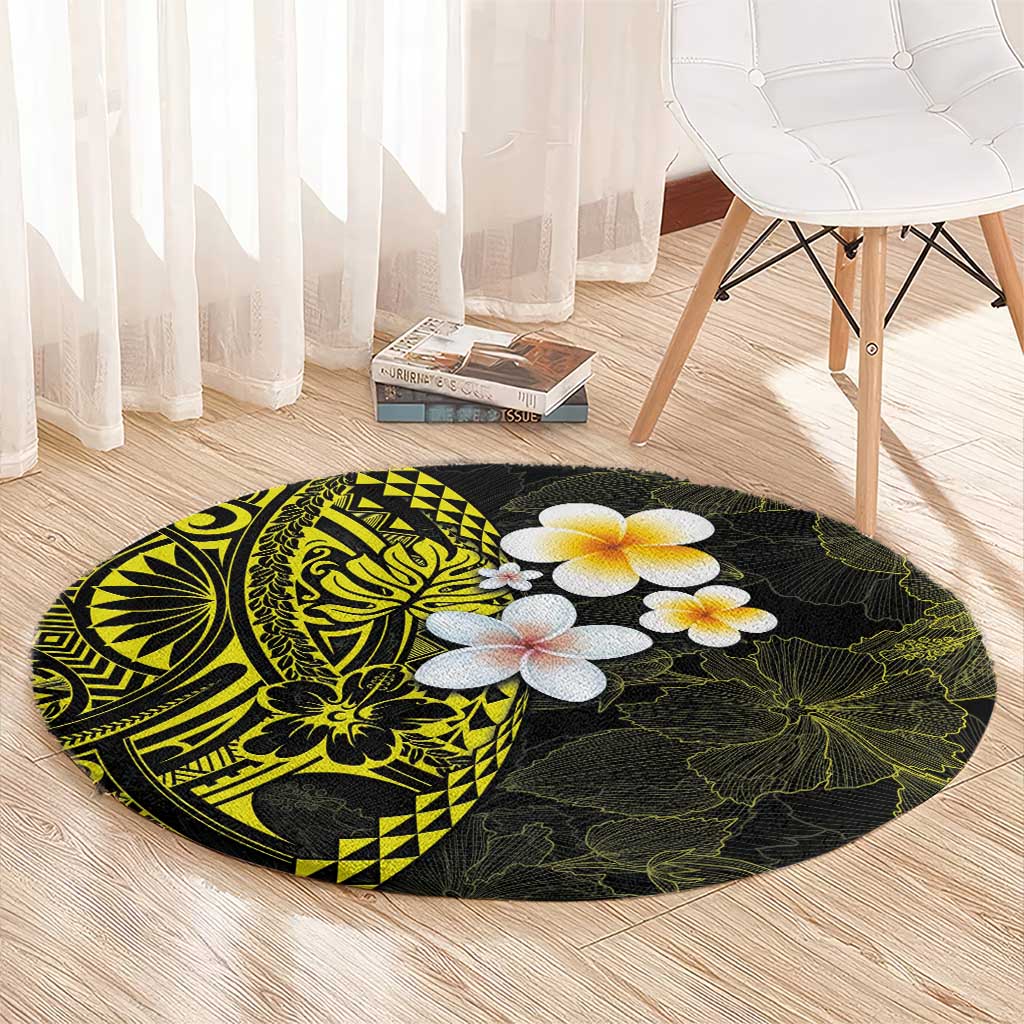 Hawaiian Hibiscus and Plumeria Polynesian Tribal Tattoo Round Carpet Yellow Color LT03 - Polynesian Pride