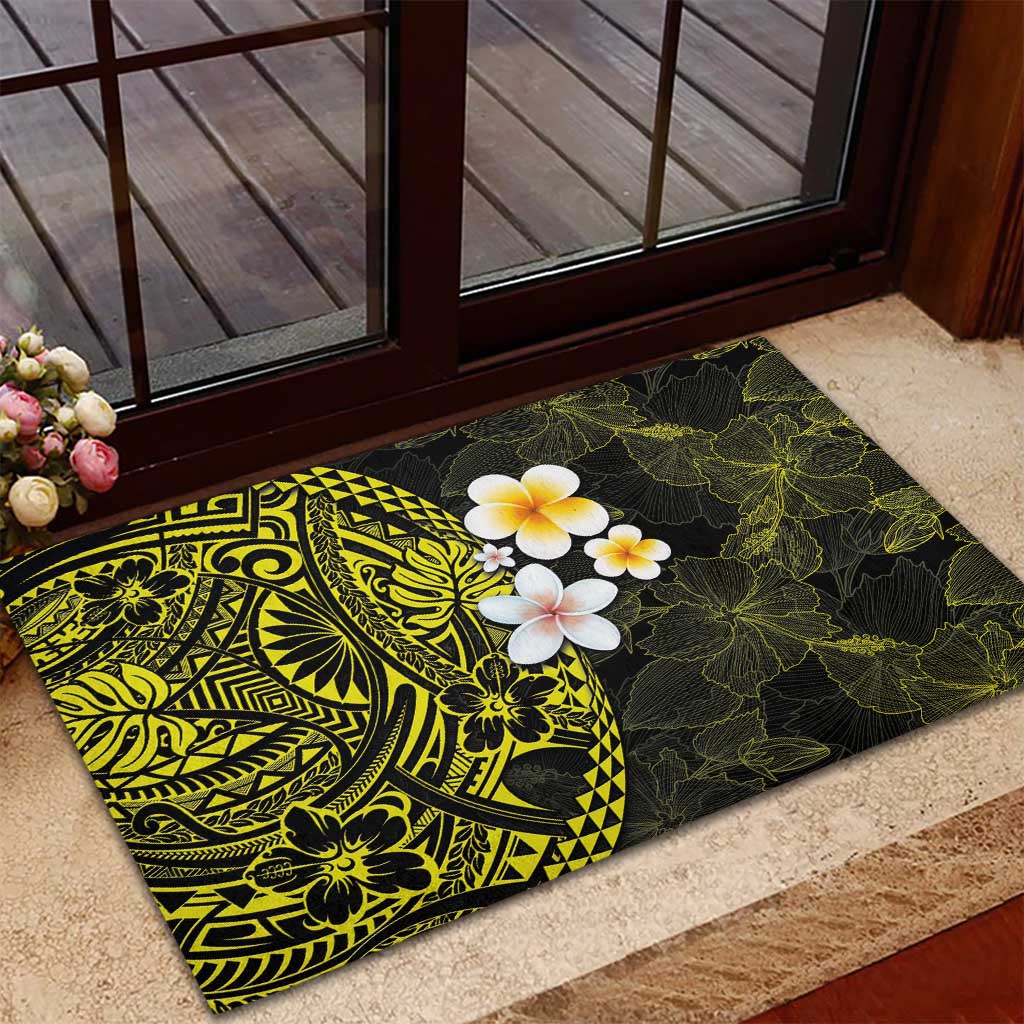 Hawaiian Hibiscus and Plumeria Polynesian Tribal Tattoo Rubber Doormat Yellow Color