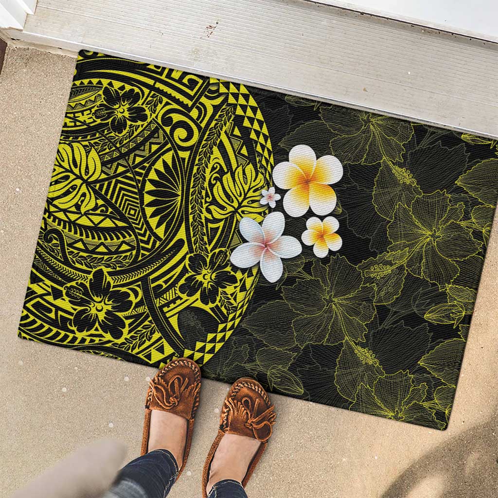 Hawaiian Hibiscus and Plumeria Polynesian Tribal Tattoo Rubber Doormat Yellow Color