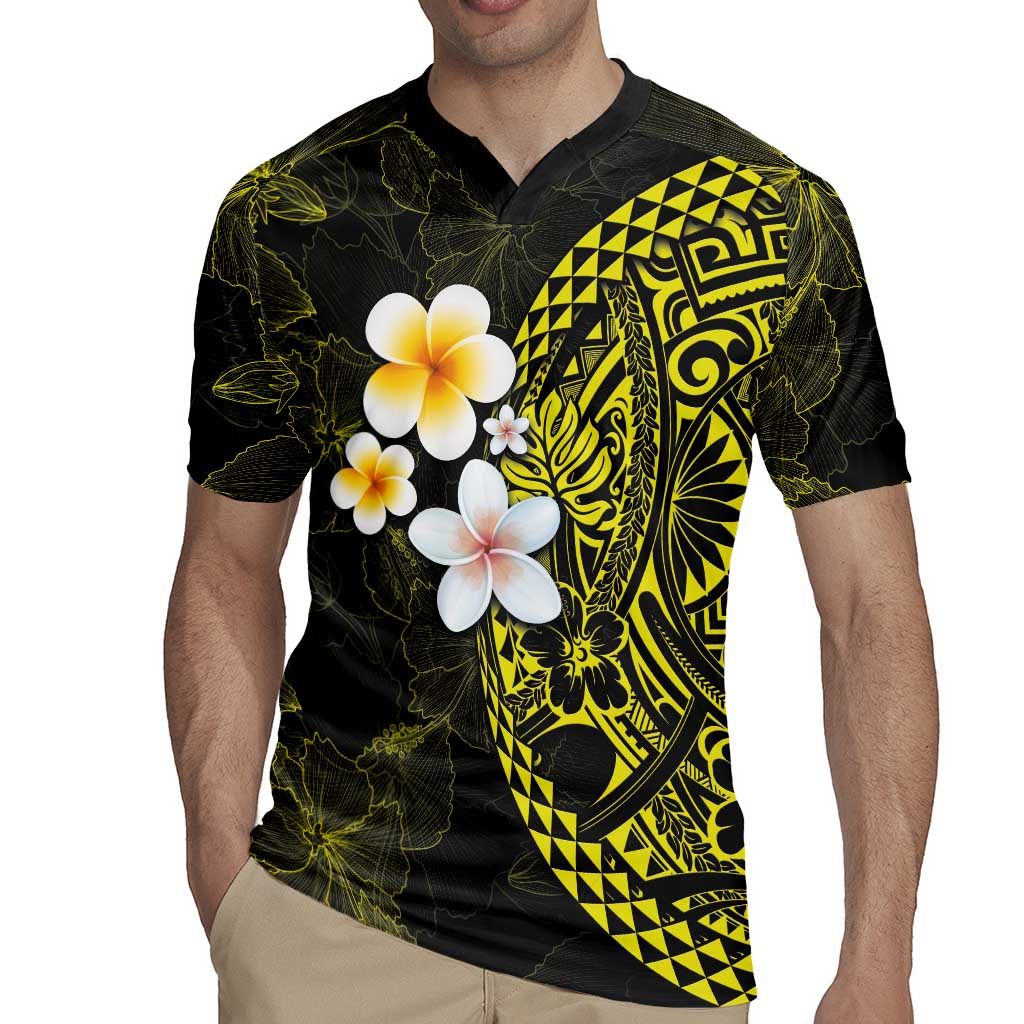 Hawaiian Hibiscus and Plumeria Polynesian Tribal Tattoo Rugby Jersey Yellow Color