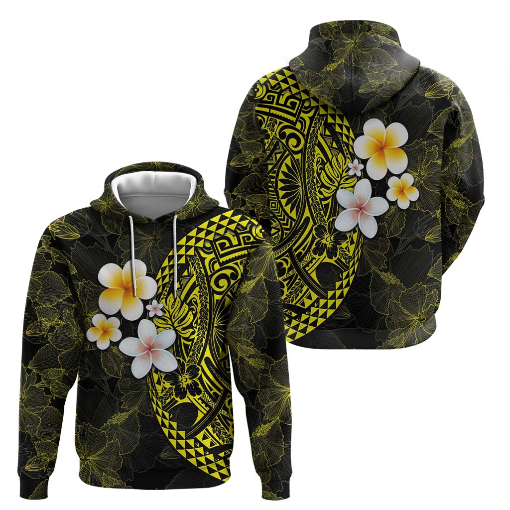 Hawaiian Hibiscus and Plumeria Polynesian Tribal Tattoo Zip Hoodie Yellow Color
