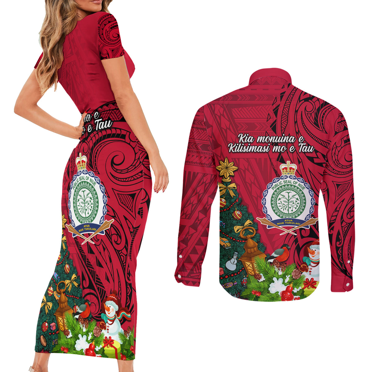 Niue Christmas Couples Matching Short Sleeve Bodycon Dress and Long Sleeve Button Shirt Coat of Arms and Polynesian Tattoo Xmas Element Christmas Red Vibe LT03 - Polynesian Pride