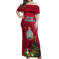 Niue Christmas Off Shoulder Maxi Dress Coat of Arms and Polynesian Tattoo Xmas Element Christmas Red Vibe LT03 Women Red - Polynesian Pride