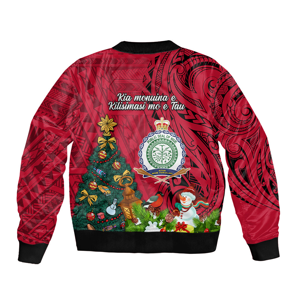 Niue Christmas Sleeve Zip Bomber Jacket Coat of Arms and Polynesian Tattoo Xmas Element Christmas Red Vibe LT03 - Polynesian Pride