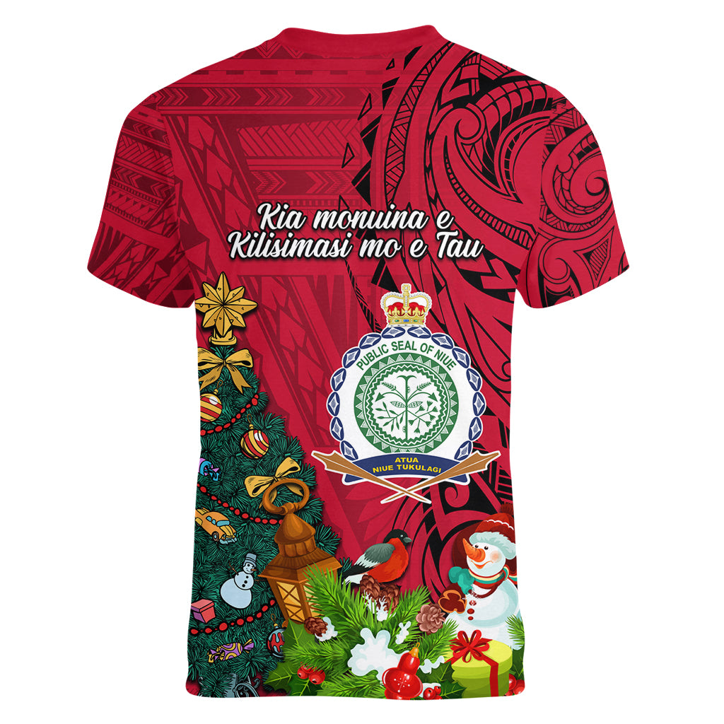 Niue Christmas Women V Neck T Shirt Coat of Arms and Polynesian Tattoo Xmas Element Christmas Red Vibe LT03 - Polynesian Pride