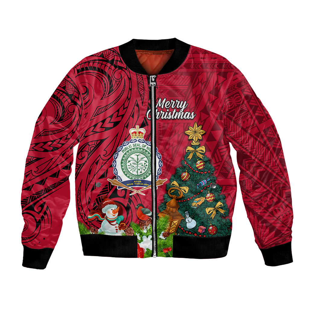 Personalised Niue Christmas Bomber Jacket Coat of Arms and Polynesian Tattoo Xmas Element Christmas Red Vibe LT03 Unisex Red - Polynesian Pride