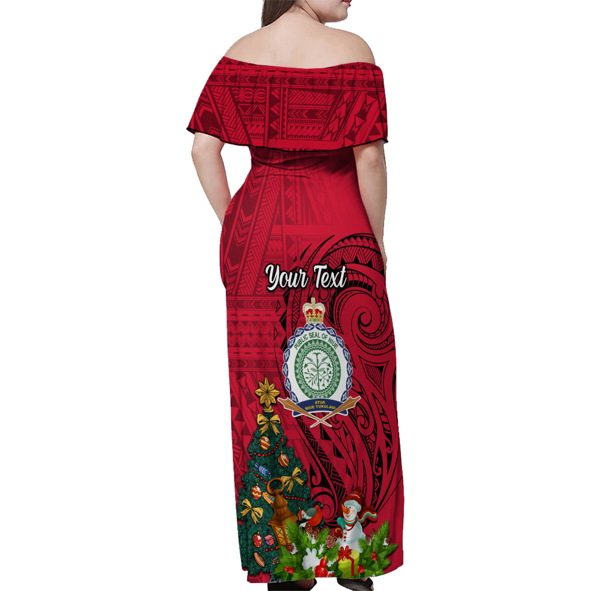 Personalised Niue Christmas Family Matching Off Shoulder Maxi Dress and Hawaiian Shirt Coat of Arms and Polynesian Tattoo Xmas Element Christmas Red Vibe LT03 - Polynesian Pride