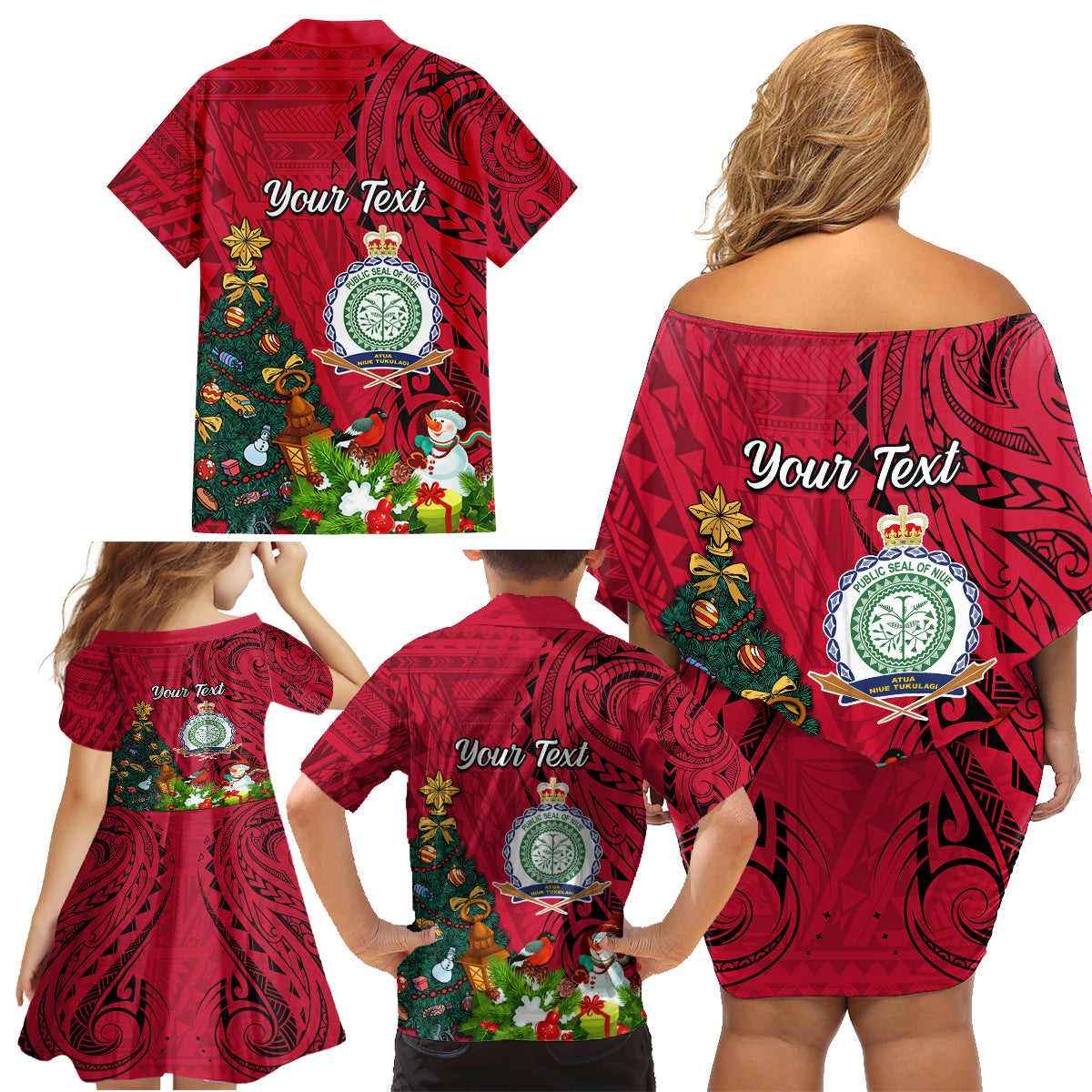 Personalised Niue Christmas Family Matching Off Shoulder Short Dress and Hawaiian Shirt Coat of Arms and Polynesian Tattoo Xmas Element Christmas Red Vibe LT03 - Polynesian Pride