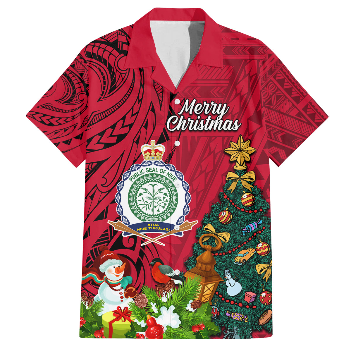 Personalised Niue Christmas Family Matching Off Shoulder Short Dress and Hawaiian Shirt Coat of Arms and Polynesian Tattoo Xmas Element Christmas Red Vibe LT03 Dad's Shirt - Short Sleeve Red - Polynesian Pride