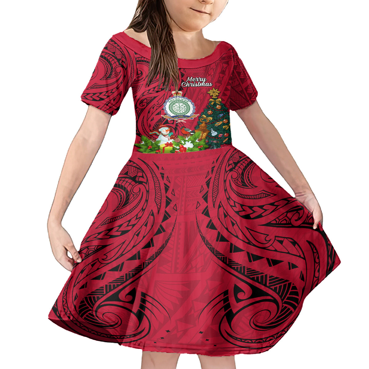 Personalised Niue Christmas Family Matching Tank Maxi Dress and Hawaiian Shirt Coat of Arms and Polynesian Tattoo Xmas Element Christmas Red Vibe LT03 Daughter's Dress Red - Polynesian Pride