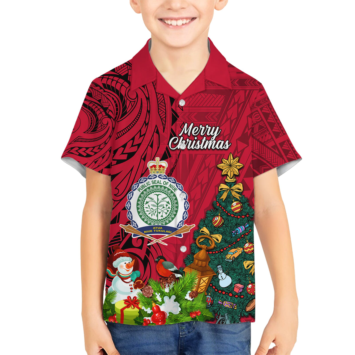 Personalised Niue Christmas Family Matching Tank Maxi Dress and Hawaiian Shirt Coat of Arms and Polynesian Tattoo Xmas Element Christmas Red Vibe LT03 Son's Shirt Red - Polynesian Pride